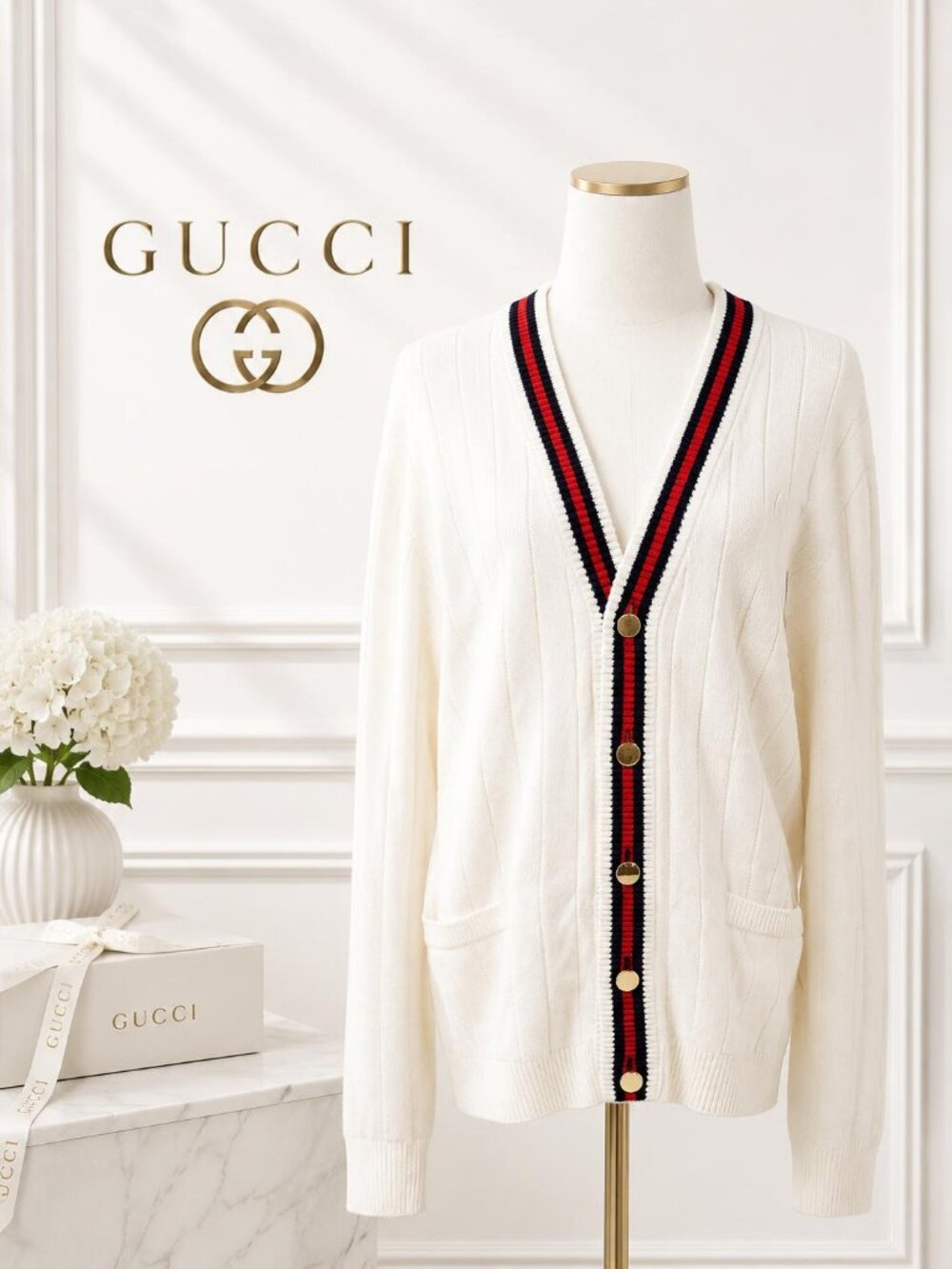Gucci Web Stripe V-Neck Cardigan Ivory Red Navy Gold Button Luxury Sweater